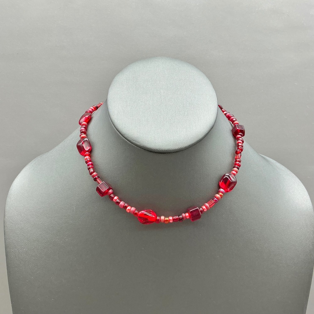 Beaded Necklace Women Red Glass Multi Shape Eclectic Artisan Toggle Clasp 14 In